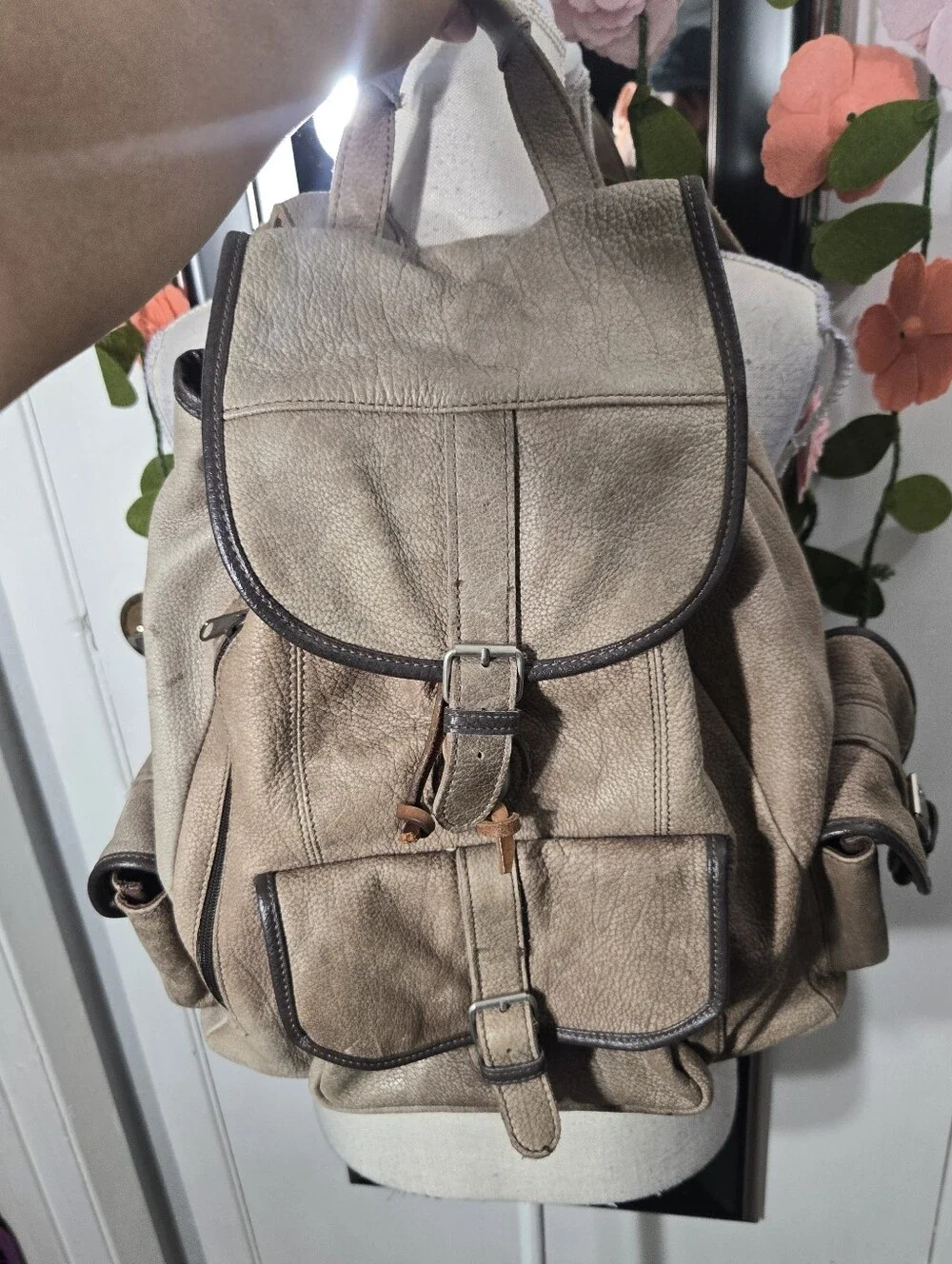 Vintage Light Brown Leather Cowhide Knapsack Backpack For Men